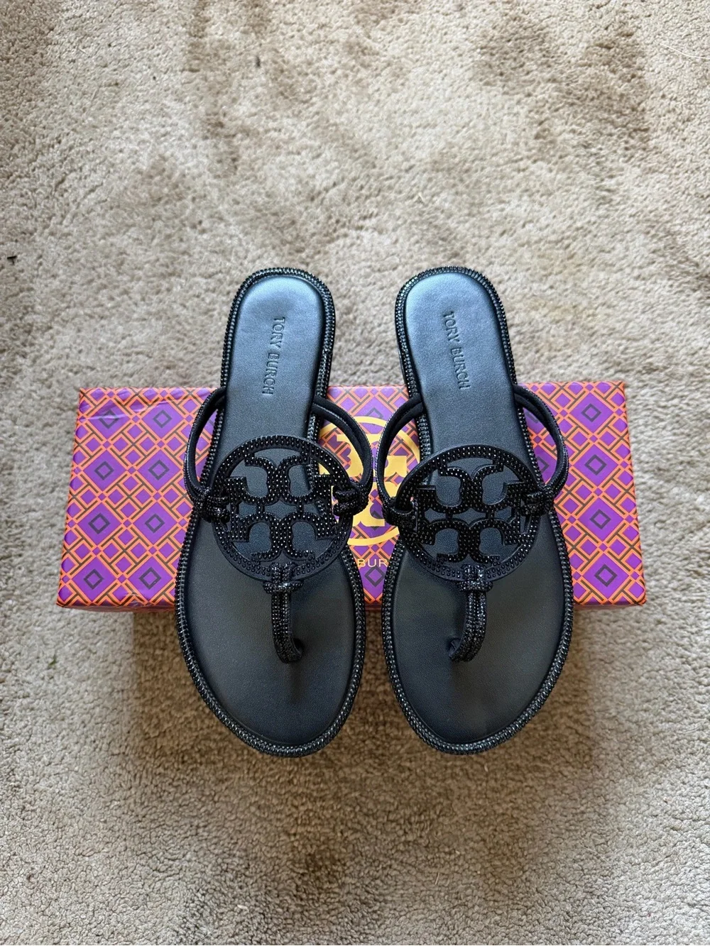 Tory Burch Black Beaded Miller Thong Sandals